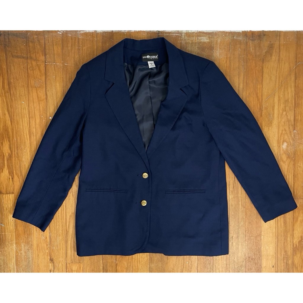 Vintage Washable Navy Blue Blazer Womens Size Large 80s Woven Sport Coat Jacket